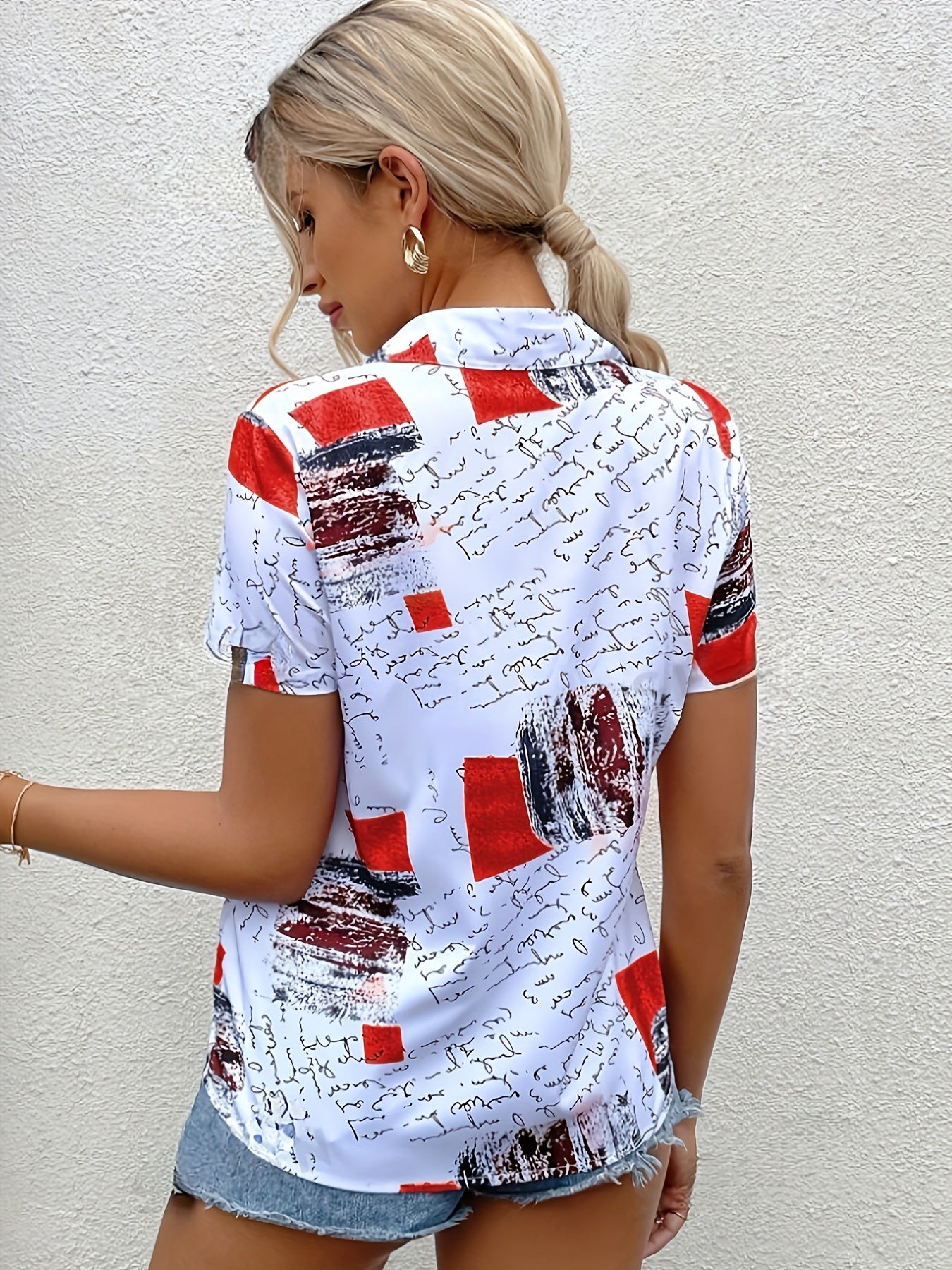 Letter Print Button Up Shirt, Elegant Lapel Collar Short Sleeve Shirt For Spring & Summer, Women's Clothing